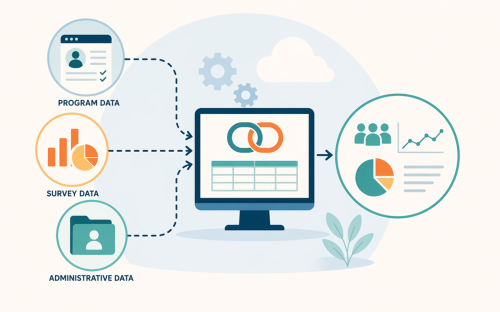 Data interation icon featuring Program Data, Survey Data, and Administrative Data as circular icons connected by dotted arrows into a central computer monitor which connects to output report circle.